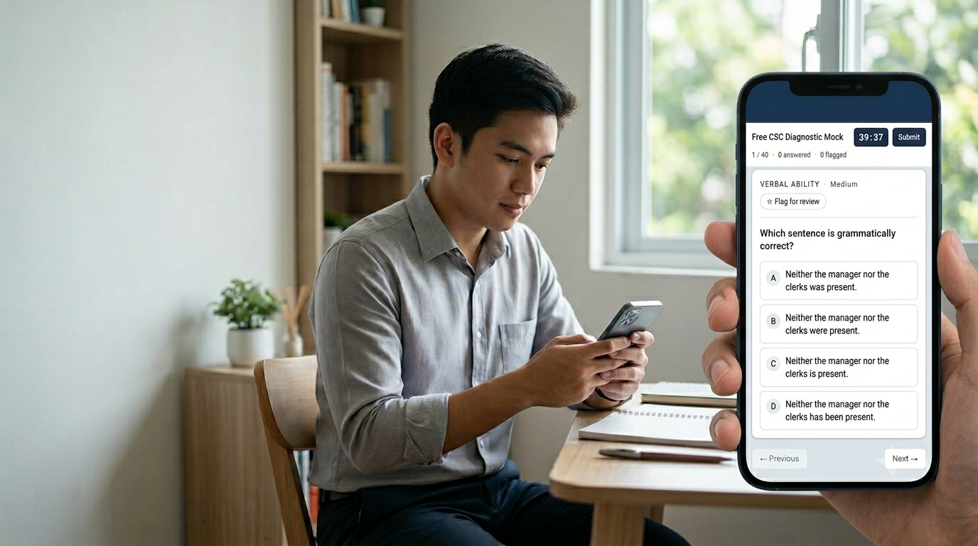 A CSE examinee taking the mock exam on a phone — timer, question, and answer options on screen